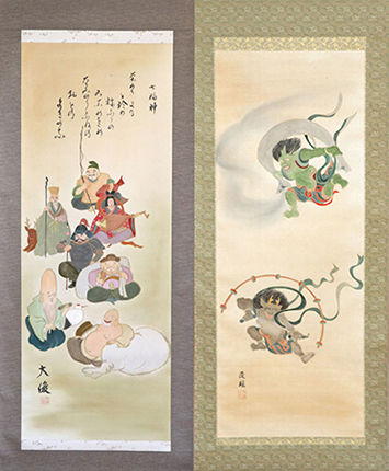 大橋さんが描いた「七福神」(左)　と「風神雷神」(右)