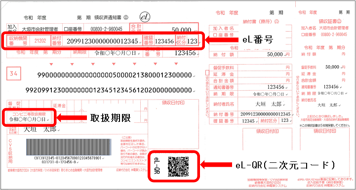 『eL-QR(QRコード)』や『eL番号』が記載されている納付書の見本