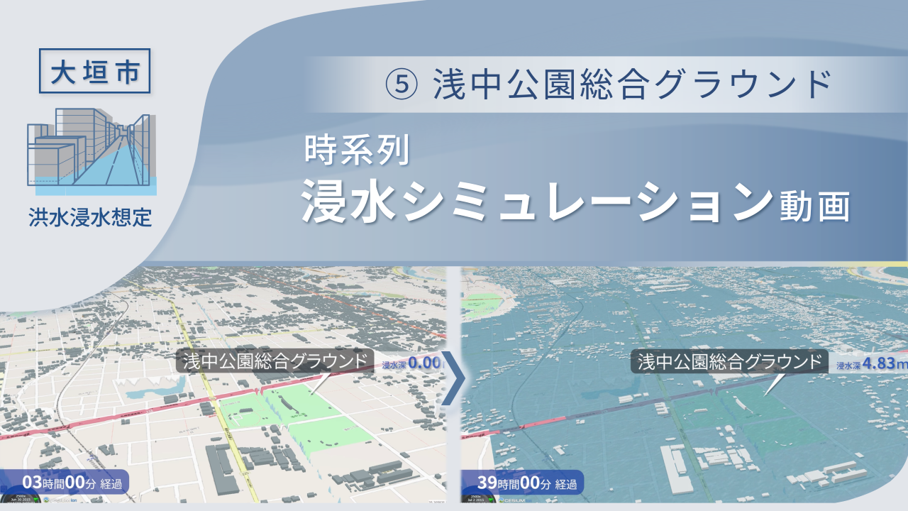 浅中公園総合グラウンド周辺の時系列浸水シミュレーション動画