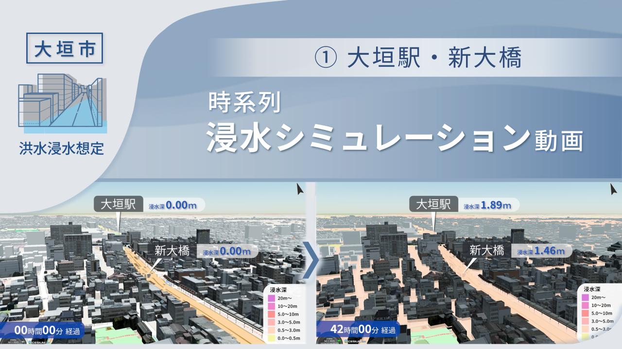 大垣駅・新大橋周辺の時系列浸水シミュレーション動画