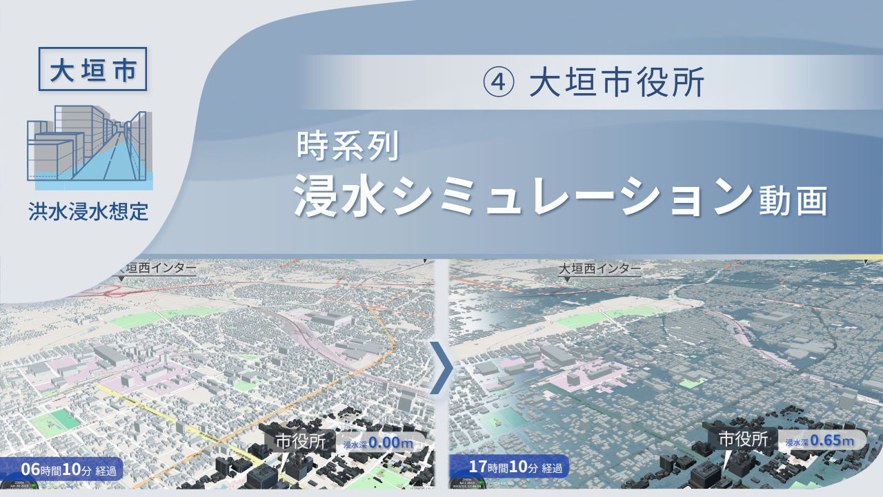 大垣市役所周辺の時系列浸水シミュレーション動画